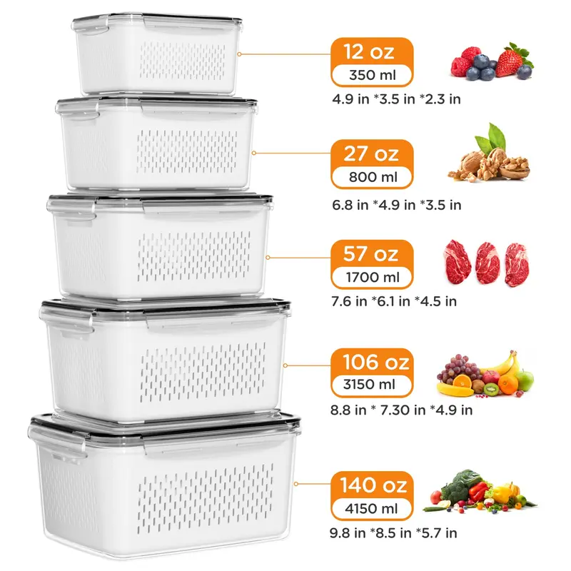 5-piece BPA-free fridge organizer set with removable colanders