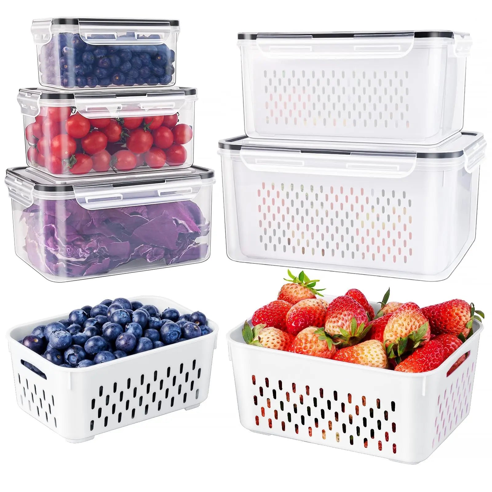 5-piece BPA-free fridge organizer set with removable colanders